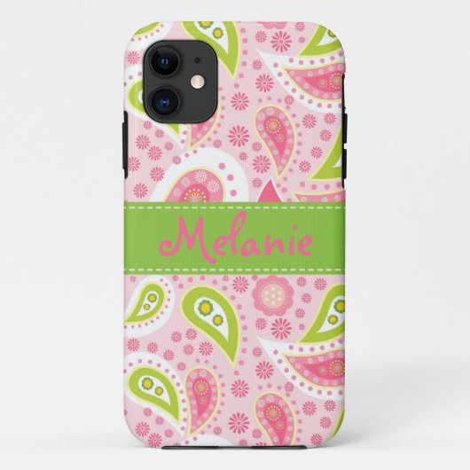 Roze en Groene Paisley iPhone Monogram Aangepast Case-Mate iPhone Case (Achterkant)