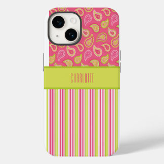 Roze en groene paisley strepen telefoonhoes iPhone 14 hoesje