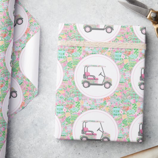 Roze en groene Palm Beach Golf Cart Cadeaupapier