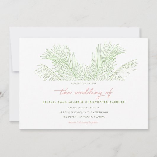 Roze en groene palmbladeren Tropisch strand bruilo Kaart (Voorkant)