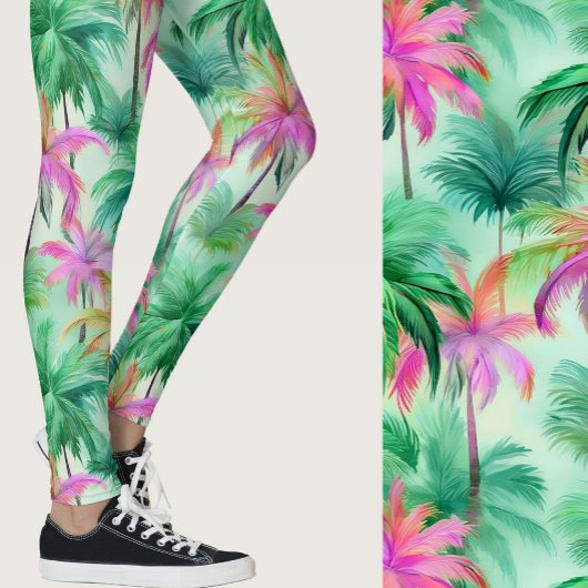 Roze en groene palmbomen tropisch patroon leggings