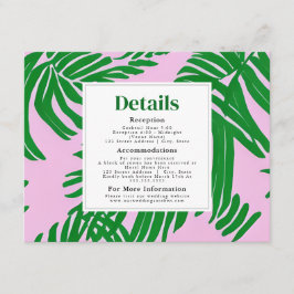 Roze en groene palmboom Moderne strand Wedding Informatiekaartje