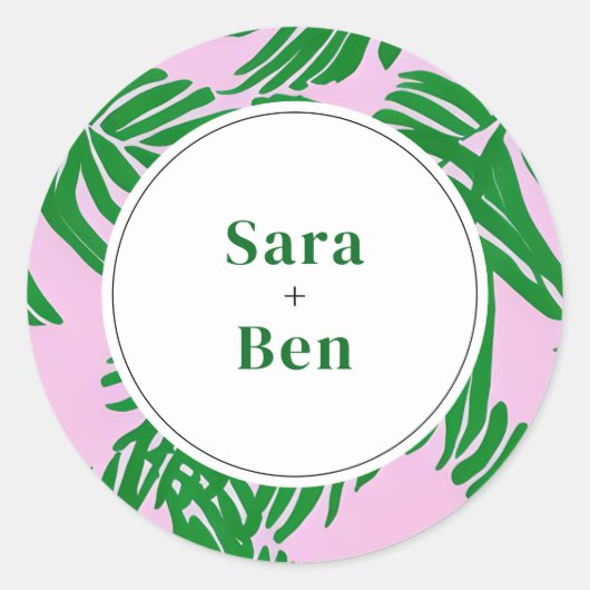 Roze en groene palmboom Moderne strand Wedding Ronde Sticker (Voorkant)
