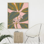 Roze en groene palmrond Botanische tekening Poster<br><div class="desc">Een mooie florale illustratie van een tropisch bananenpalmschijfblad in groen en geel op een zwarte roze achtergrond</div>