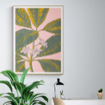 Roze en groene palmrond Botanische tekening Poster<br><div class="desc">Een mooie florale illustratie van een tropisch bananenpalmschijfblad in groen en geel op een zwarte roze achtergrond</div>