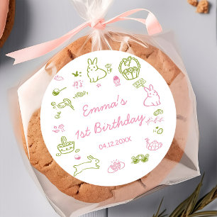 Roze en groene Pasen 1e verjaardagsfeestje  Ronde Sticker