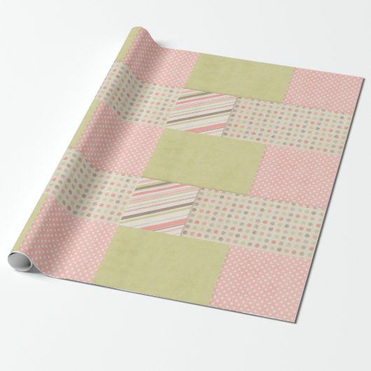 Roze en groene patchwork cadeaupapier (Uitgerold)