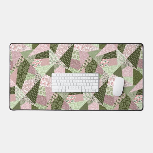 Roze en Groene Patchwork-Look Desk Mat (Keyboard & Muis)