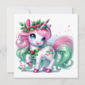 Roze en groene pepermunt eenhoorn feestdagenkaart (Voorkant)