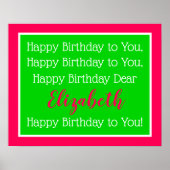 Roze en Groene Persoonlijke Happy Birthday Song Poster (Voorkant)