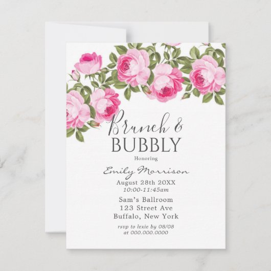 Roze en groene pioenroos brunch & bubbels uitnodig kaart (Voorkant)