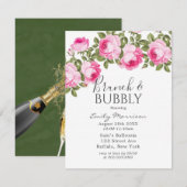 Roze en groene pioenroos brunch & bubbels uitnodig kaart (Voorkant / Achterkant)