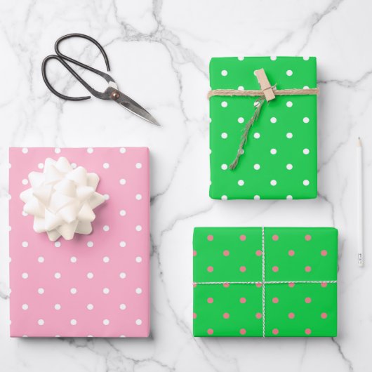 Roze en groene poka Dots Trio Inpakpapier Vel (Voorkant)
