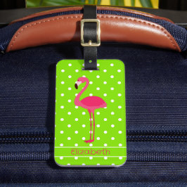 Roze en Groene Polka Dot Flamingo Gepersonaliseerd Bagagelabel