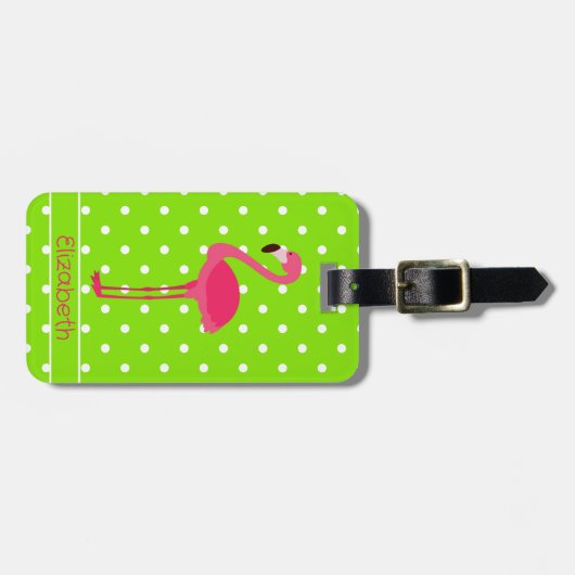 Roze en Groene Polka Dot Flamingo Gepersonaliseerd Bagagelabel (Voorkant horizontaal)