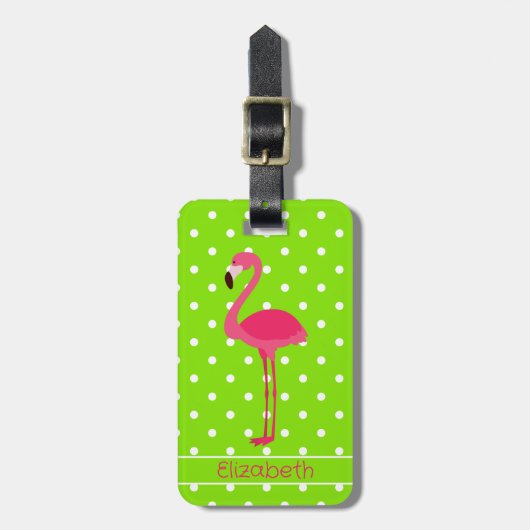 Roze en Groene Polka Dot Flamingo Gepersonaliseerd Bagagelabel (Voorkant verticaal)