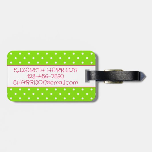 Roze en Groene Polka Dot Flamingo Gepersonaliseerd Bagagelabel (Achterkant horizontaal)
