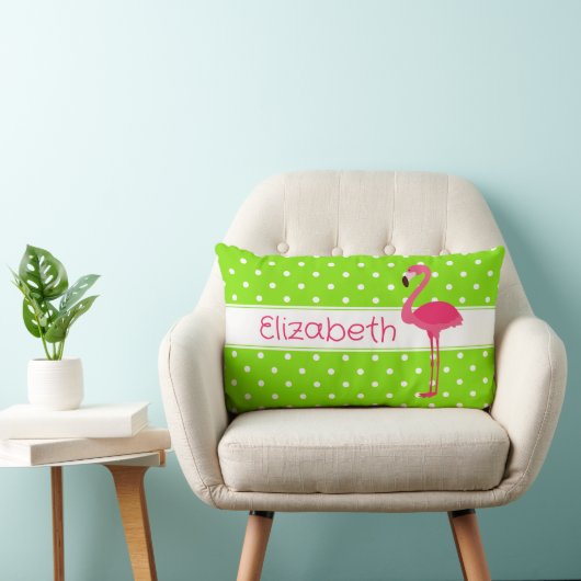 Roze en Groene Polka Dot Flamingo Gepersonaliseerd Kussen (Stoel)