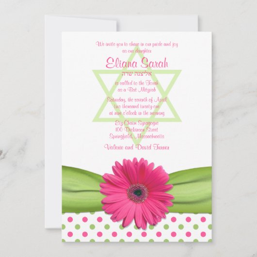 Roze en Groene Polka Dots Bat Mitzvah Uitnodiging (Voorkant)