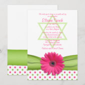 Roze en Groene Polka Dots Bat Mitzvah Uitnodiging (Voorkant / Achterkant)