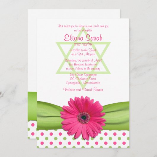 Roze en Groene Polka Dots Bat Mitzvah Uitnodiging (Voorkant / Achterkant)
