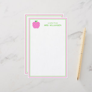 Roze en groene polka stippen appel voor leraren briefpapier