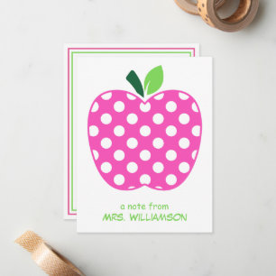 Roze en groene polka stippen appel voor leraren notitiekaartje