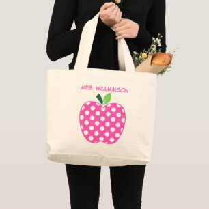 Roze en groene polkadot appel voor leraren grote tote bag