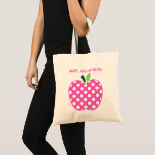 Roze en groene polkadot appel voor leraren tote bag