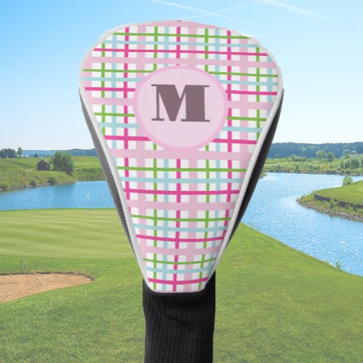 Roze en groene preppy geruite dames met monogram golfheadcover