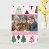Roze en groene Preppy kerstboom vakantiefoto Kaart (Gele Bloem)