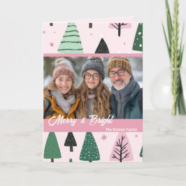 Roze en groene Preppy kerstboom vakantiefoto Kaart