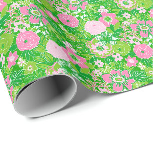 Roze en groene preppy Palm Beach bloemen Cadeaupapier
