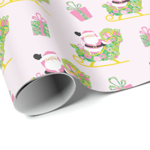 Roze en groene preppy Palm Beach Kerstman Cadeaupapier