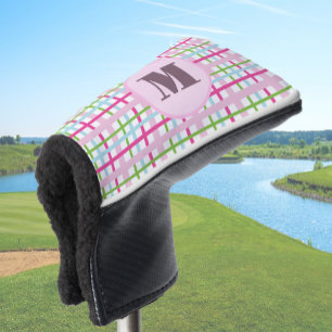 Roze en groene preppy plaid dames met monogram golfheadcover
