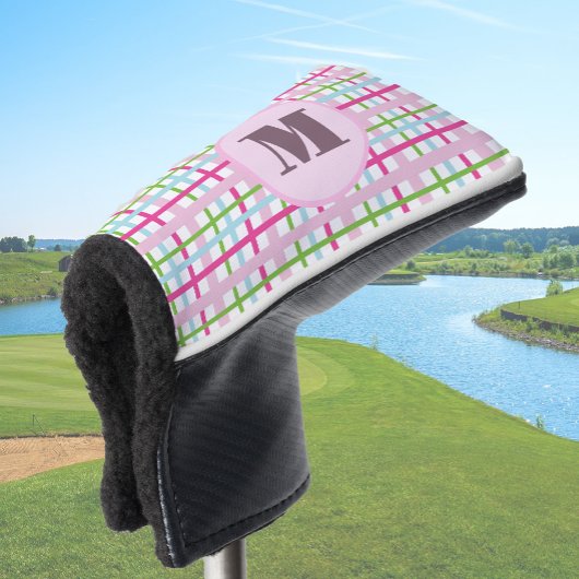 Roze en groene preppy plaid dames met monogram golfheadcover