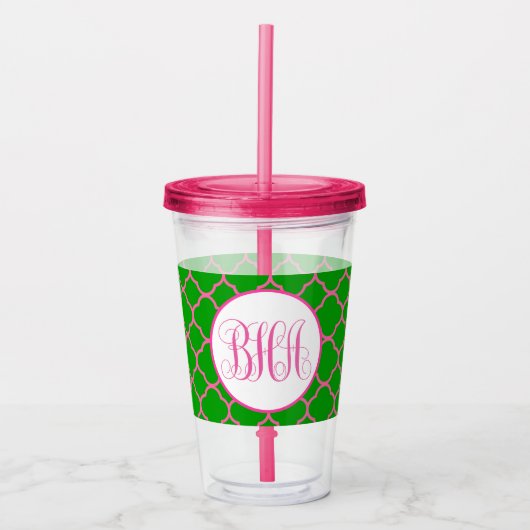 Roze en groene Quatrefoil en Monogram Acryl Drinkbeker (Voorkant)