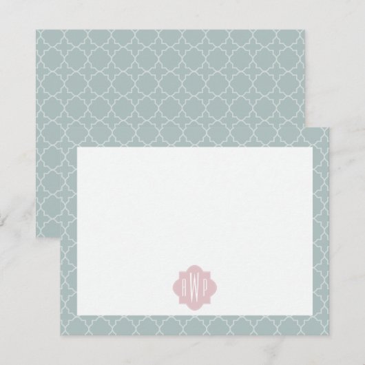 Roze en groene Quatrefoil Monogram Notitiekaartje (Voorkant / Achterkant)