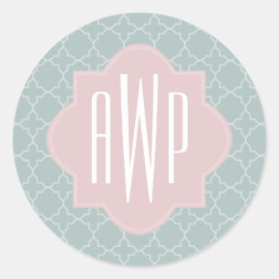 Roze en groene Quatrefoil Monogram Ronde Sticker