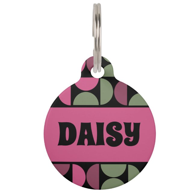 Roze en groene retro / mid-eeuwse cirkels huisdierpenning (Voorkant)