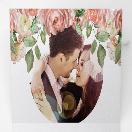 Roze en groene Roos Boho Floral Wedding Drieluik Uitnodiging (Binnenzijde eerst)