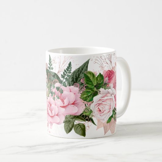 Roze en groene Rose Bouquet Koffiemok (Voorkant rechts)