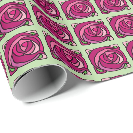  Roze en Groene Rozen bloemmotief Cadeaupapier (Rol Hoek)
