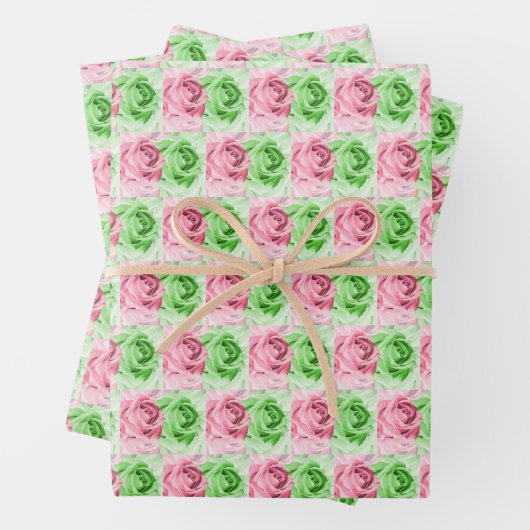 Roze en groene Rozen — Papierbladen oppakken Inpakpapier Vel (In situ)