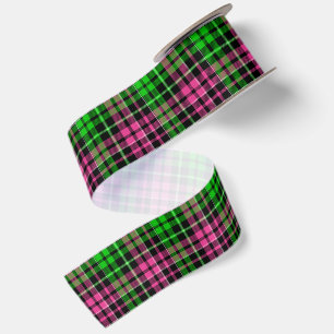 Roze en groene ruit tartan zwart satijnen lint