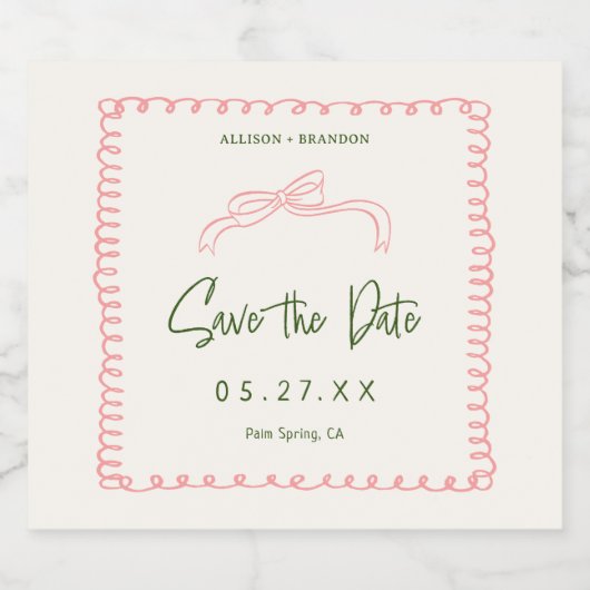 Roze en groene Save The Date Trouwmonogram Sparkling Wijnetiket (Enkel label)