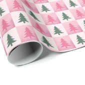 Roze en groene schaakbordbomen Moderne Kerstmis Cadeaupapier (Rol Hoek)