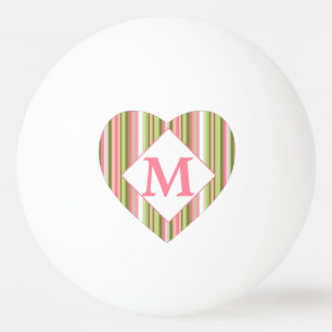 Roze en groene Spring Stripe Monogrammed Heart Pingpongbal