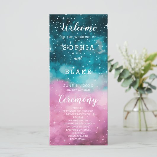 Roze en Groene Sterren Celestial Huwelijksprogramm (Staand voorkant)