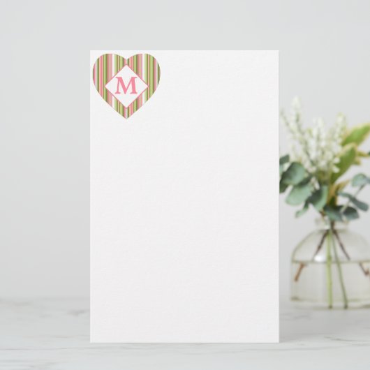Roze en groene strepen gepersonaliseerd monogram briefpapier (Staand voorkant)